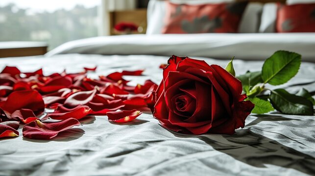 A Close-Up Red Rose Resting on White Bedding with Scattered Petals and Soft Bedroom Backdrop