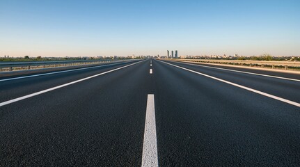 Fototapeta premium Empty asphalt highway leading to distant city skyline