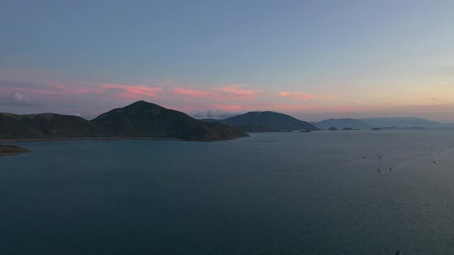 Aerial view of Van Phong Bay, Hon Ong Island and the route to Son Dung Beach in Dai Lanh Commune, Khanh Hoa, Vietnam, showcasing pristine islands, turquoise waters and coastal scenery.