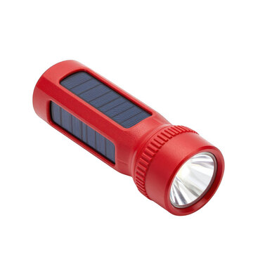 Red plastic solar powered flashlight isolated on white background with emergency