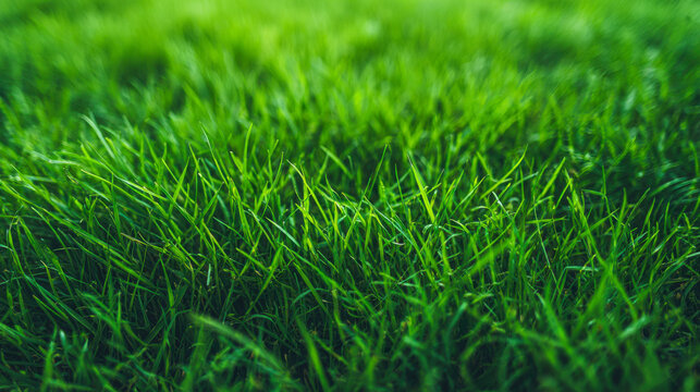 Wide view of fresh green grass field in bright daylight showing natural texture and depth