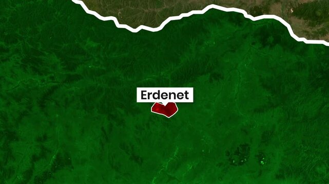 Erdenet located in Mongolia highlighted on satellite map footage
