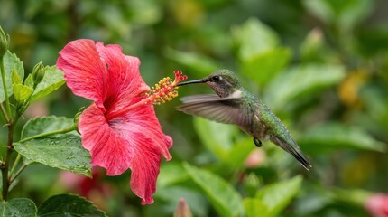 Naklejka premium Ruby-throated Hummingbird Hovering and Feeding from a Vibrant Pink Hibiscus Flower in a Lush Tropical Garden