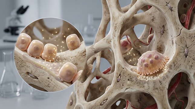 Microscopic view of osteoporosis bone structure with cell detail