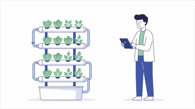 Man using tablet to monitor vertical hydroponic farm system with green leafy vegetables