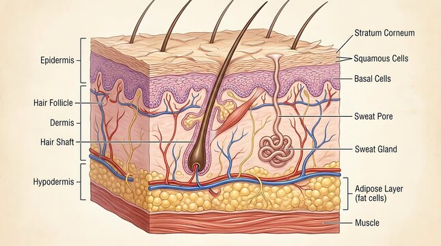 Detailed medical illustration showing human skin anatomy layers and hair growth