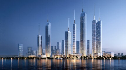 Naklejka premium Modern skyscrapers reflect in calm water at dusk