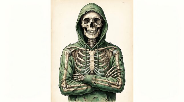 Human skeleton wearing a green hoodie sweatshirt with arms crossed
