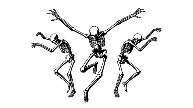 Three human skeletons dancing and posing in vintage illustrative art style