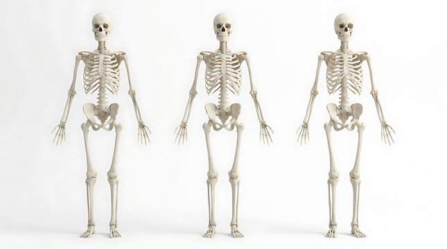 Three human skeletal models standing side by side against a white background