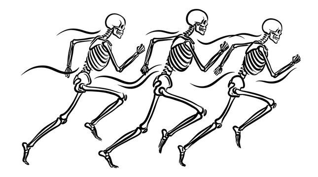 Three human skeletons running in sequence in vintage graphic art style