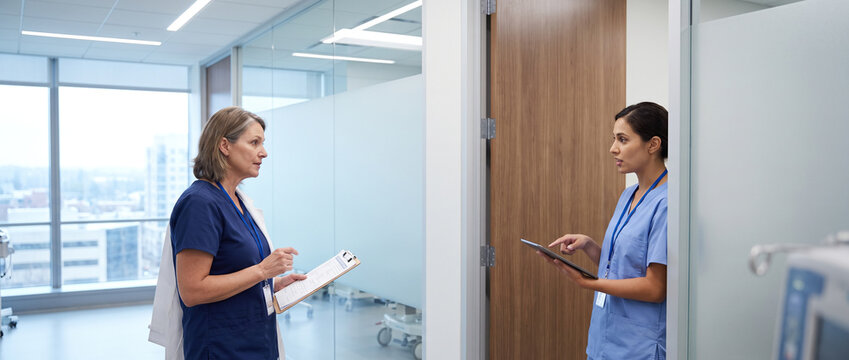 Physician and nurse review patient care plan in hospital corridor, coordinating treatment, clinical communication, patient safety and multidisciplinary healthcare before entering treatment room.