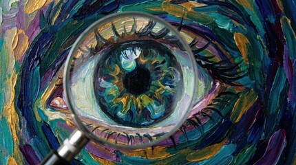 Fototapeta premium Abstract eye painting viewed through magnifying glass lens.