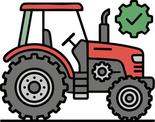 Red tractor with gear icon and checkmark symbol, agricultural technology concept © hb