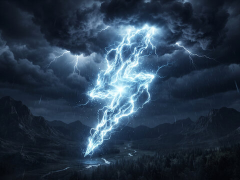 Dramatic lightning storm over dark mountains, blue thunderbolts illuminating cloudy night sky, intense electrical discharge in mountainous terrain