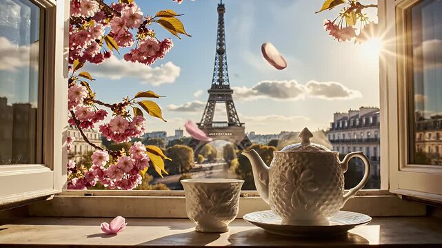 A Bright Parisian Window View Framing the Eiffel Tower with Floral Teaware