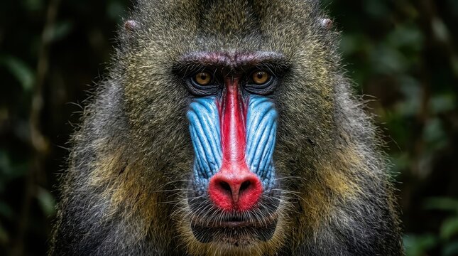 Close-up Portrait of a Mandrill with Vibrant Blue and Red Facial Markings in the Wild Jungle