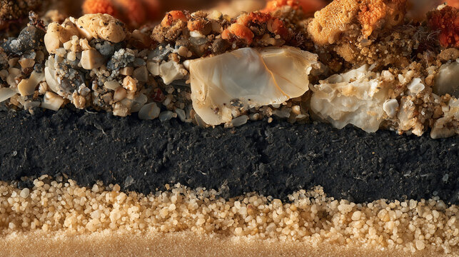 Extreme macro layered ocean floor cross-section with sand, shells and coral, coastal geological texture background