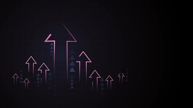 Background multiple upward-pointing arrow outlines and solid triangle accents animation, symbolizing growth and progress