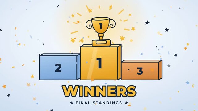 Animated winners podium with gold trophy and falling confetti flat motion graphic