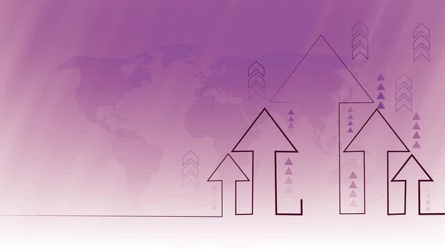 Abstract business growth background with outlined upward arrows and faint world map animation