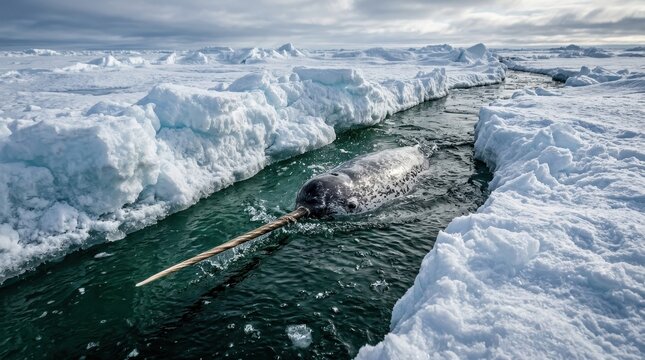 Majestic Narwhal Swimming Through Narrow Ice Channel in the Arctic Ocean Wilderness