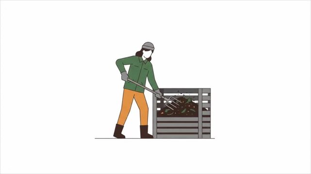 Woman Gardener Turning Organic Waste in Compost Bin.