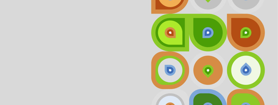 Abstract pattern features colorful circles, squares, overlapping shapes. Background is light gray, design feels retro, modern.