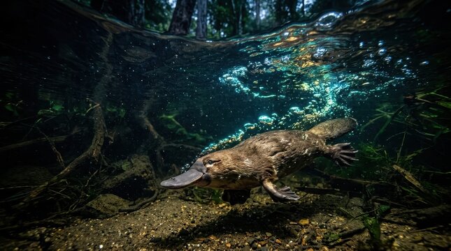 Australian Platypus Swimming Underwater in a Natural River Habitat with Bubbles and Riverbed Background