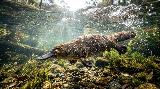 Unique Australian Platypus Swimming Underwater in a Freshwater Stream with Sunlight and Bubbles