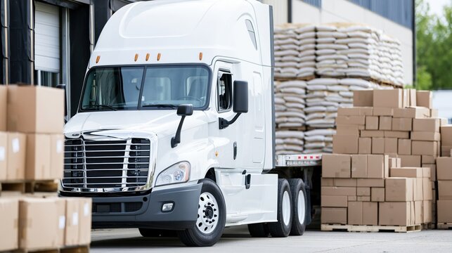 White semi truck parked at warehouse loading dock