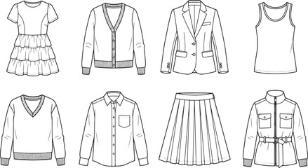 Fototapeta premium Fashion apparel technical sketches showing various clothing items including dresses shirts jackets and sweaters in vector format