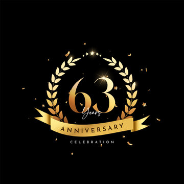 63rd Anniversary celebration,  Anniversary celebration On black background for celebration event, festive illustration, Anniversary Golden number sparkling confetti.