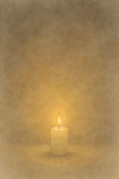 Warm glowing candle flame on rustic vintage background with wide copy space for Christmas and winter. generated by AI.