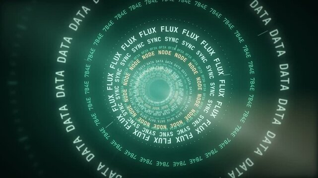 Rotating rings of digital text and code forming a green data vortex abstract background