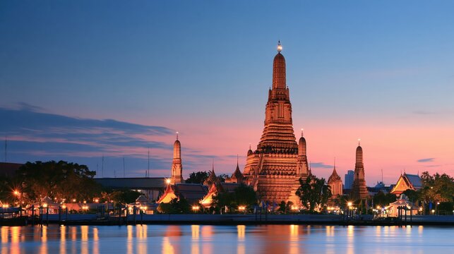 Grand Temple complex illuminated at dusk reflected in