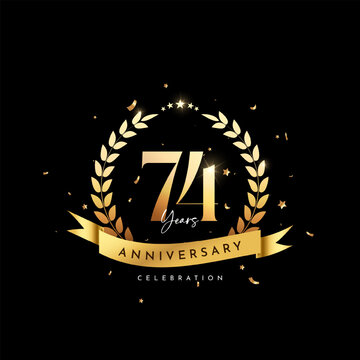 74 Anniversary celebration, Anniversary celebration On black background for celebration event, festive illustration, Anniversary Golden number sparkling confetti.