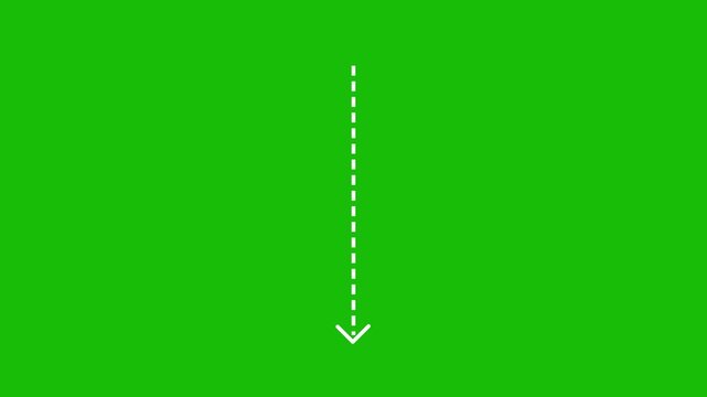 Down Arrow Direction Icon Animation with Dotted and Dashed Lines, White Arrow Reveal on Green Background