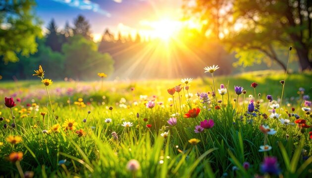 A vibrant field of wildflowers bathed in the warm, golden sunlight of a beautiful morning.