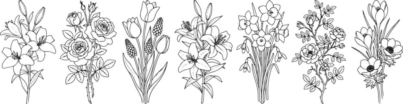Set of hand drawn floral bouquets featuring various spring flowers in a clean black and white line art style