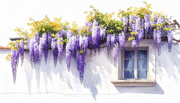 Wisteria blooms over window