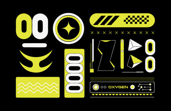 Cyberpunk techwear labels and futuristic badges set on dark background