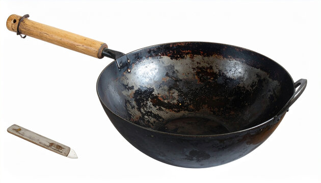 Wok pan and spatula isolated