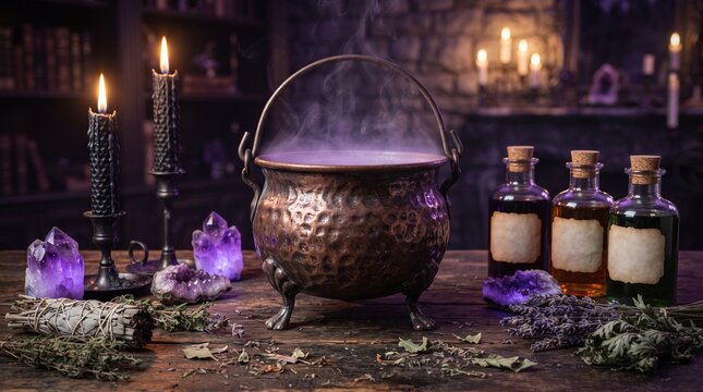Luxury Halloween Witchcraft Altar with Purple Magic and Potion Bottles