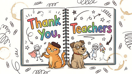 Fototapeta premium Thank you, teachers, artists, cat, and dog drawings in a sketchbook for a teacher appreciation greeting banner background.