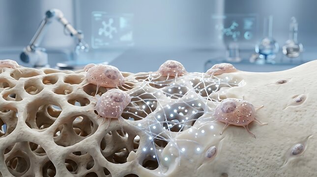 Medical illustration of osteoporosis bone density loss with cells