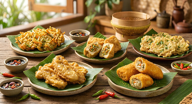 Assorted Indonesian Fried Snacks Bakwan Tempeh Mendoan and Tahu Isi on Banana Leaves