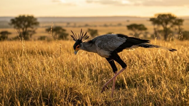 Majestic Secretary Bird Foraging in the Golden Grass of the African Savanna at Sunset