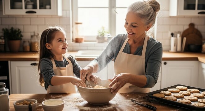 Woman and girl baking together