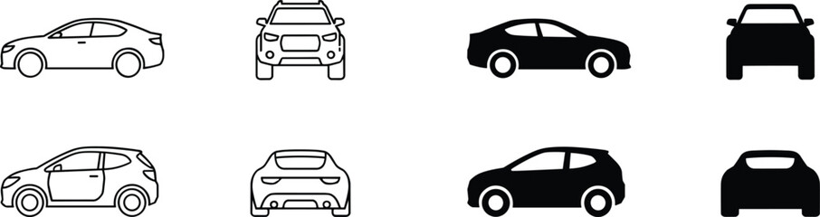 Fototapeta premium Car Body Type Silhouette and Outline Icon Set Featuring Sedan Hatchback Front and Rear Views for Automotive Dealerships and Transportation Graphics
